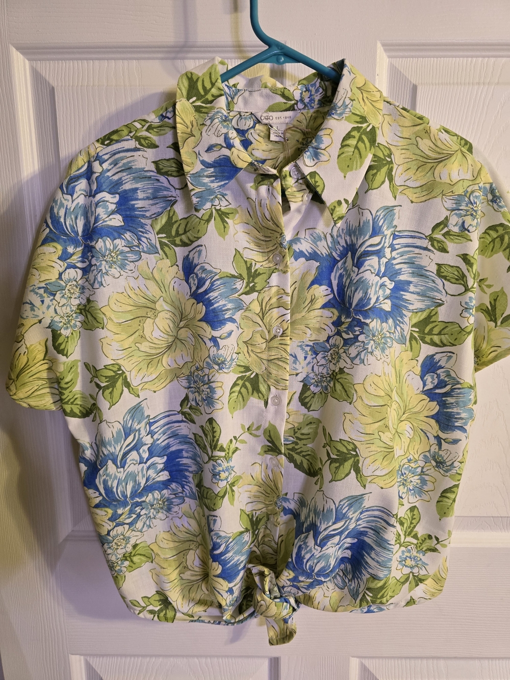 Cato Blue, Green & White Floral Short Sleeve Button-Front Top